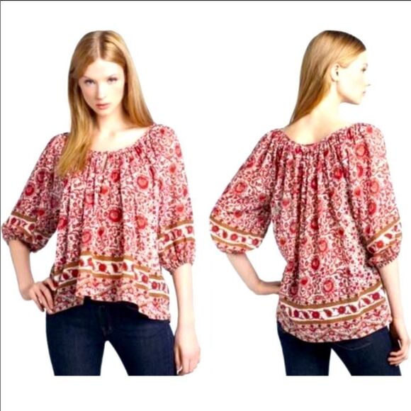 Joie Red Print Boho Peasant Floral Cotton Blouse - Picture 1 of 8